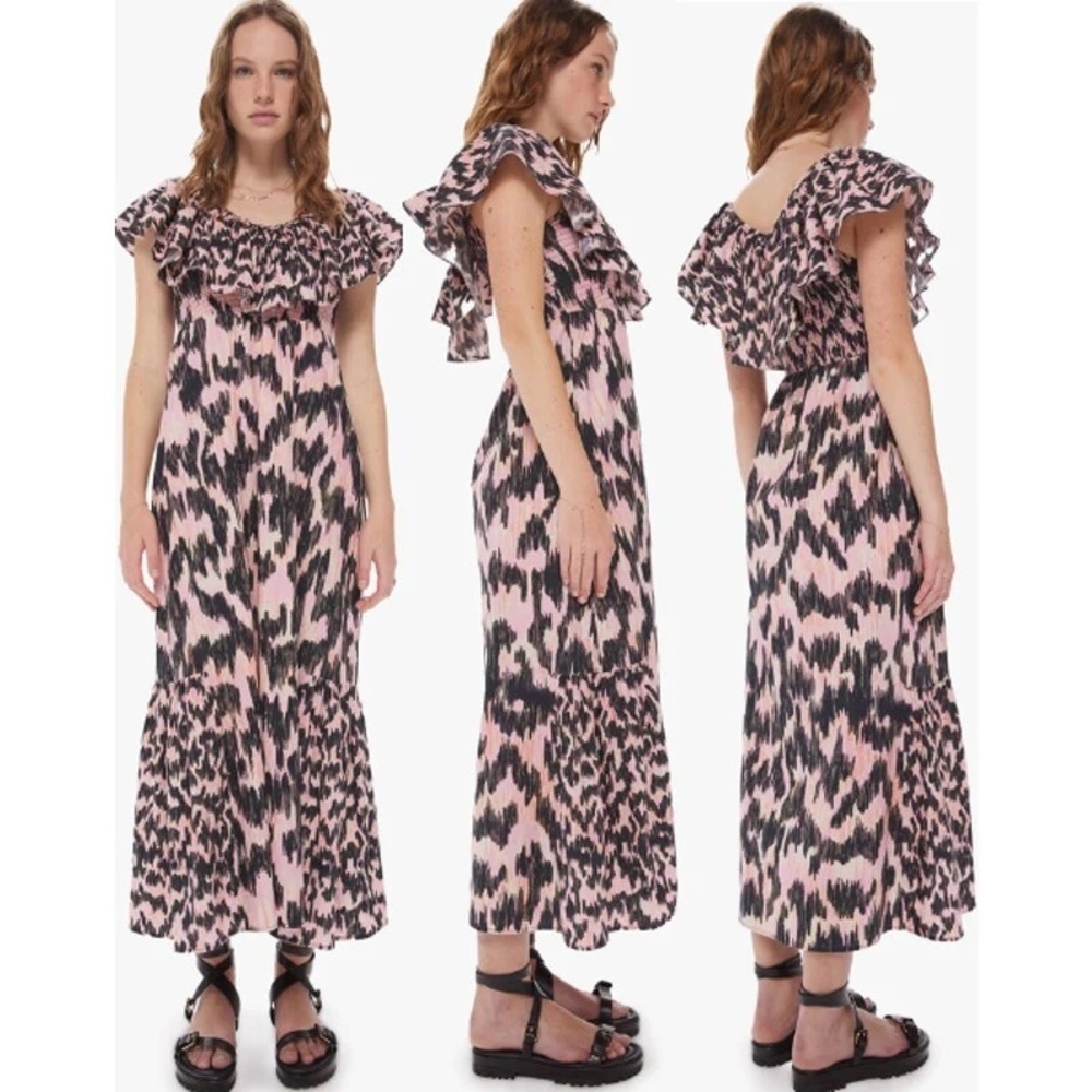 Maria Cher Dabir 100% Cotton Ruffle Trim V-Neck Smocked Midi Dress Size Small